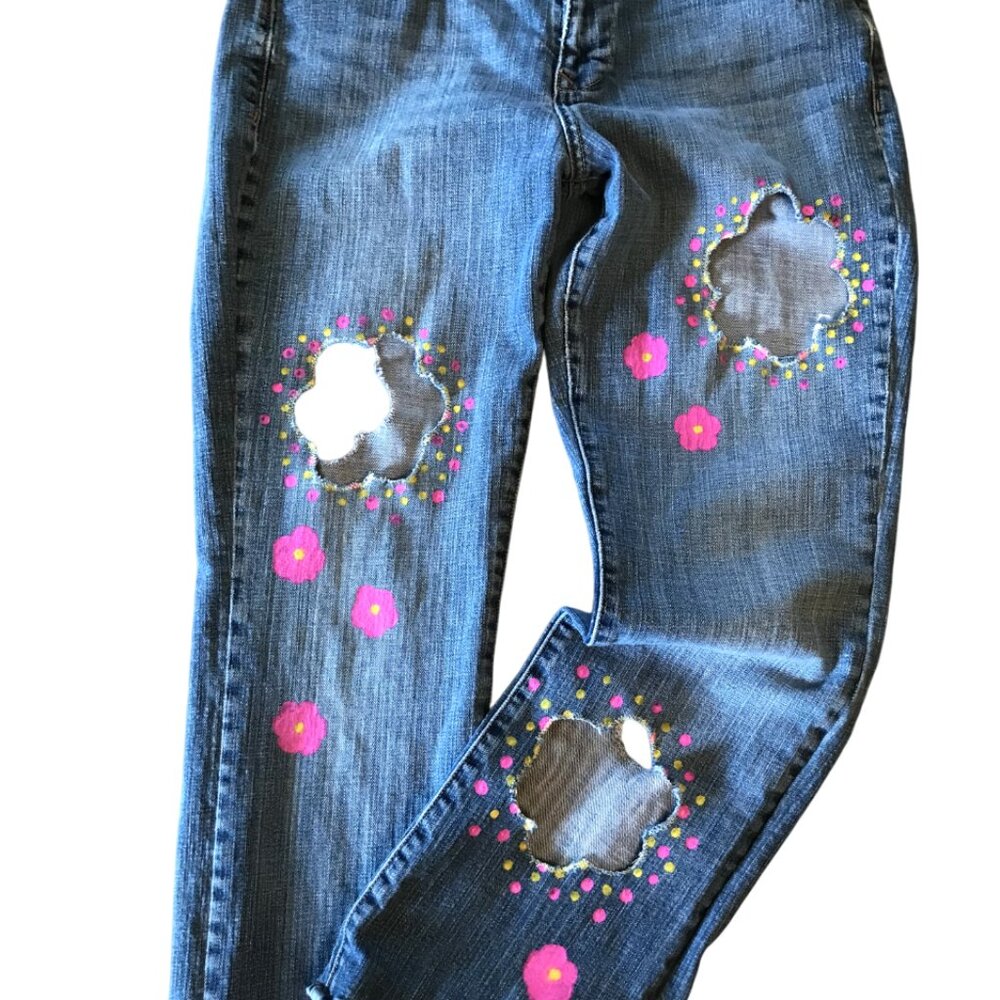 Upcycled Flower Cut-Out Jeans, Holey Distressed Funky Pants 10 Short - Picture 8 of 15